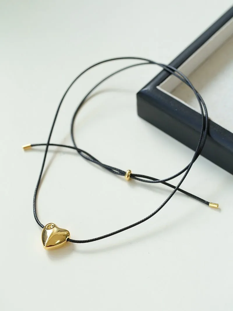 Heart-shaped Black Leather Drawstring Pendant Necklace