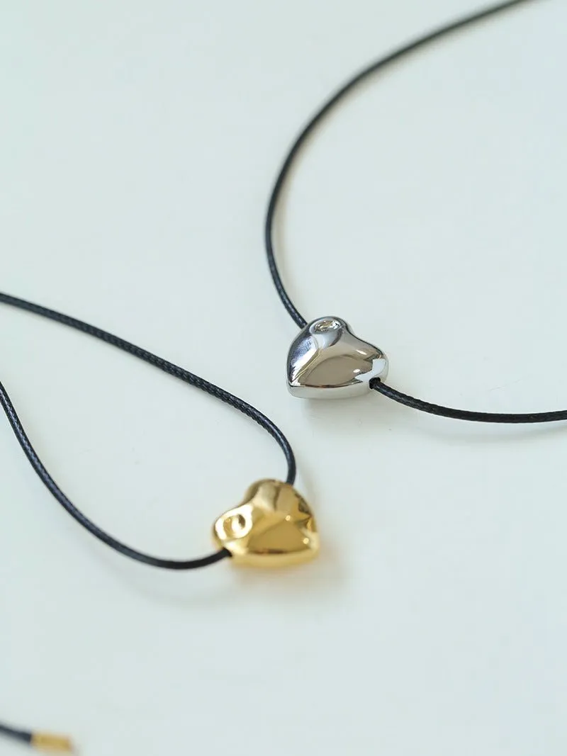 Heart-shaped Black Leather Drawstring Pendant Necklace