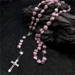 Heart-shaped pink rosary necklace