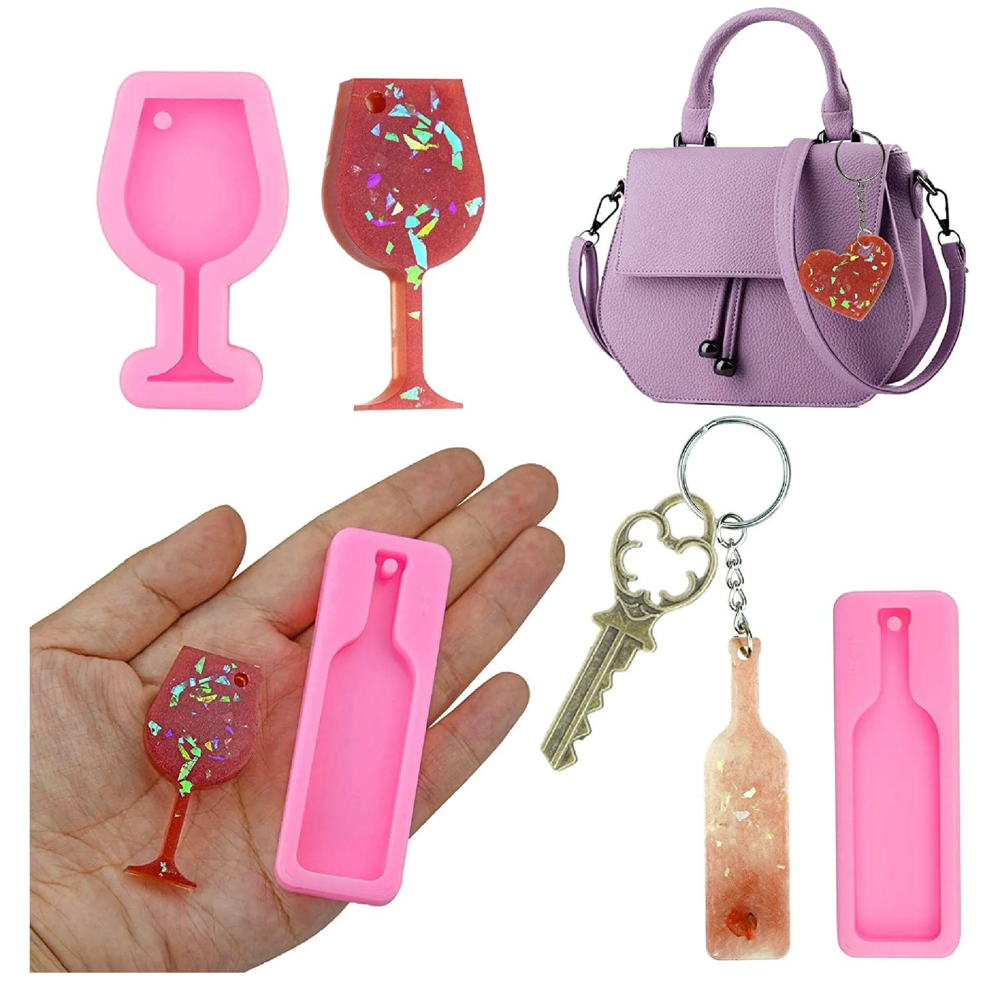 HOVEOX 9 Pieces Mini Wine Glass Keychain Heart Shaped Resin Molds and 18 Pieces Keychain with Chain