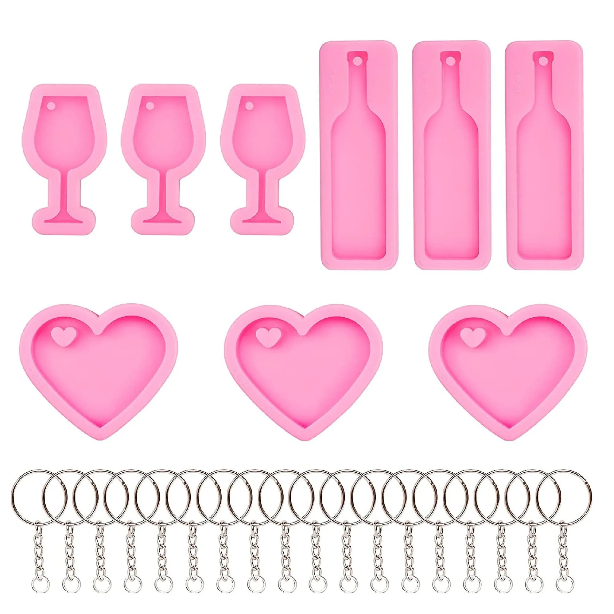 HOVEOX 9 Pieces Mini Wine Glass Keychain Heart Shaped Resin Molds and 18 Pieces Keychain with Chain