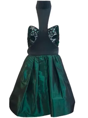 James Galanos 80s Emerald Green Taffeta and Lace Party Dress