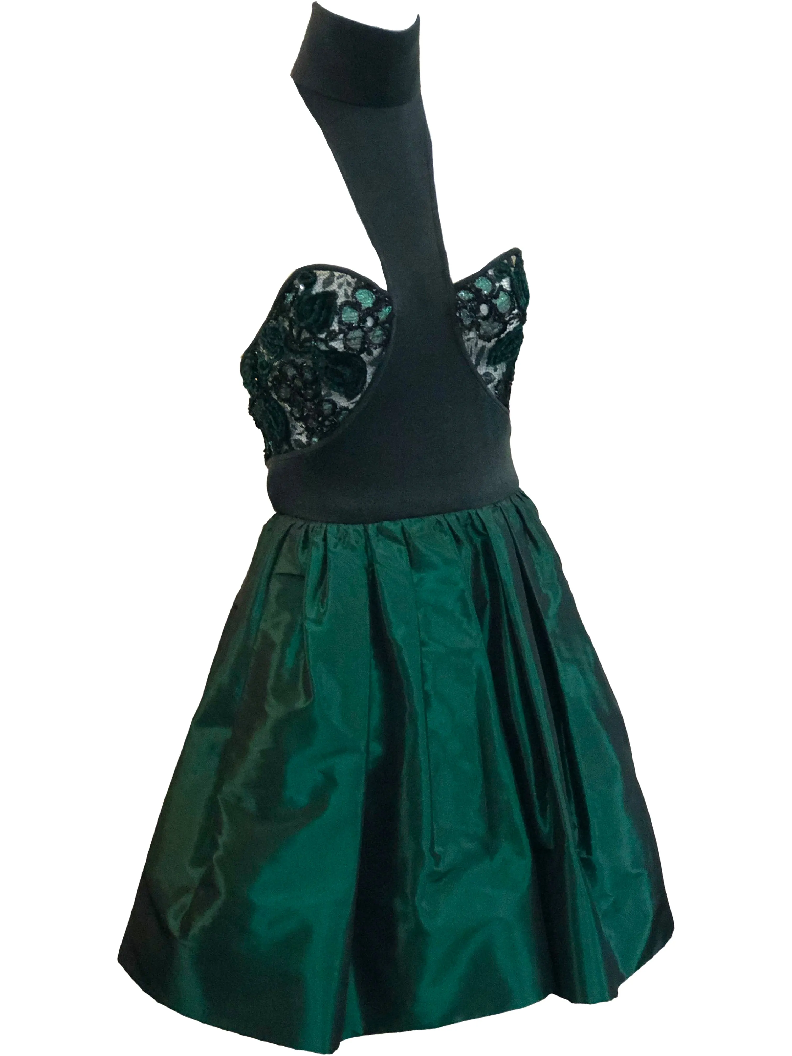 James Galanos 80s Emerald Green Taffeta and Lace Party Dress