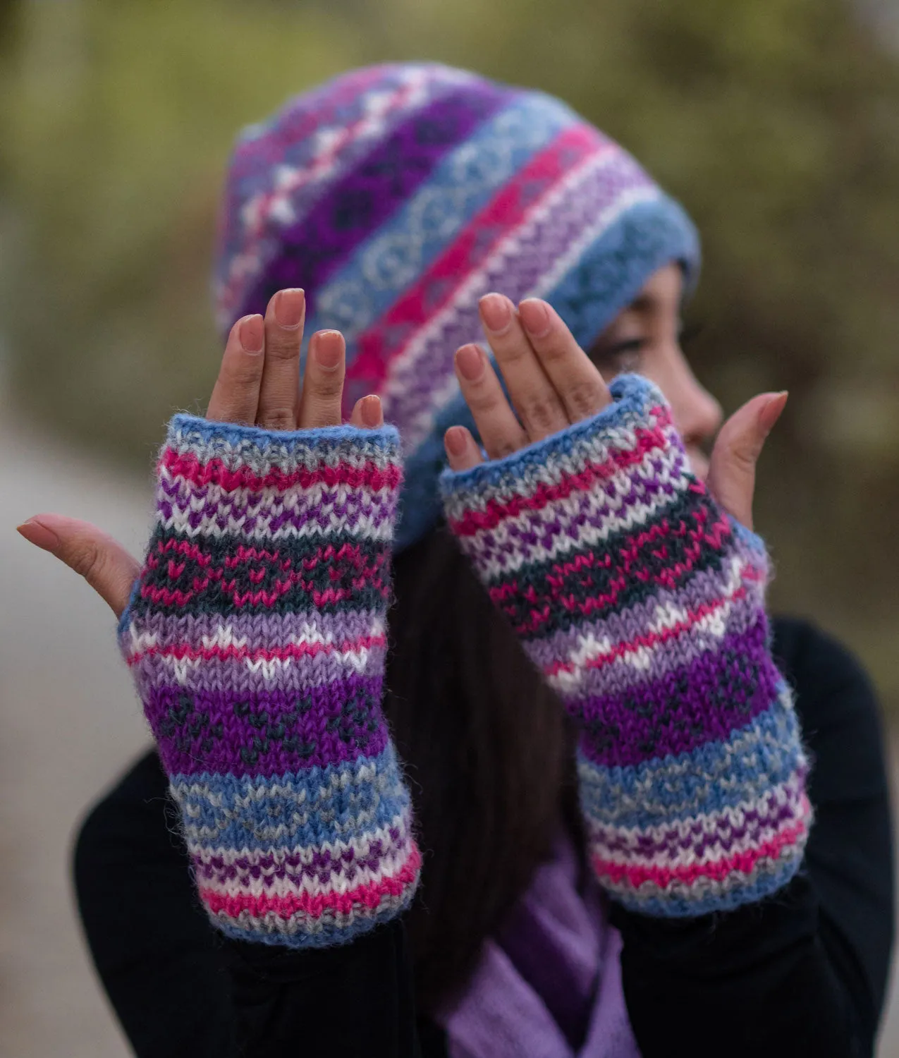 Light Blue Multicolored Pure Woolen Hand Warmers