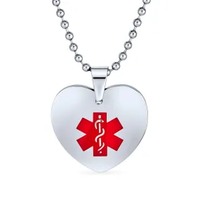 Medical ID Dog Heart Shape Tag Pendant Necklace in Stainless Steel