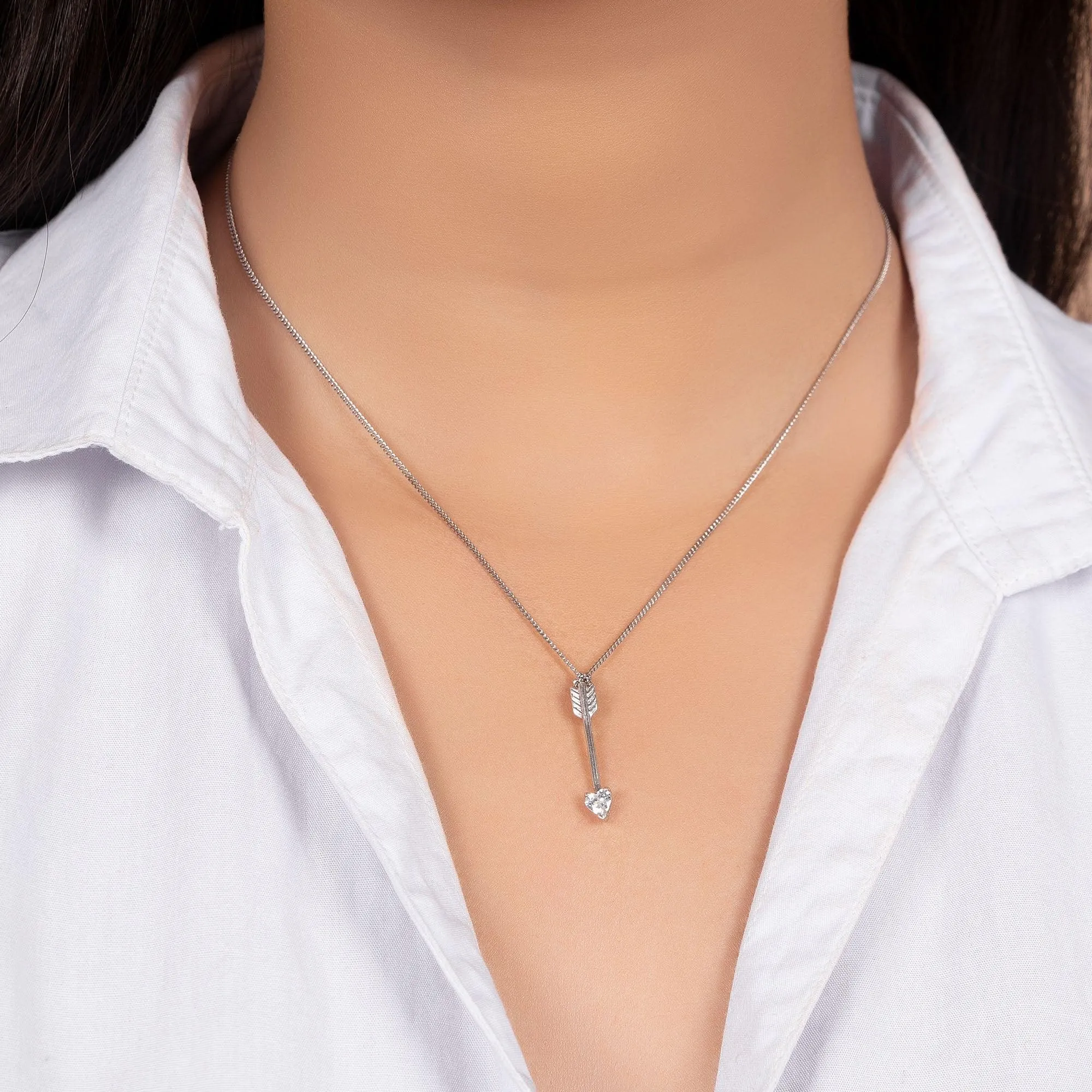 Minimalist Heart CZ Arrow Pendant Necklace in Sterling Silver