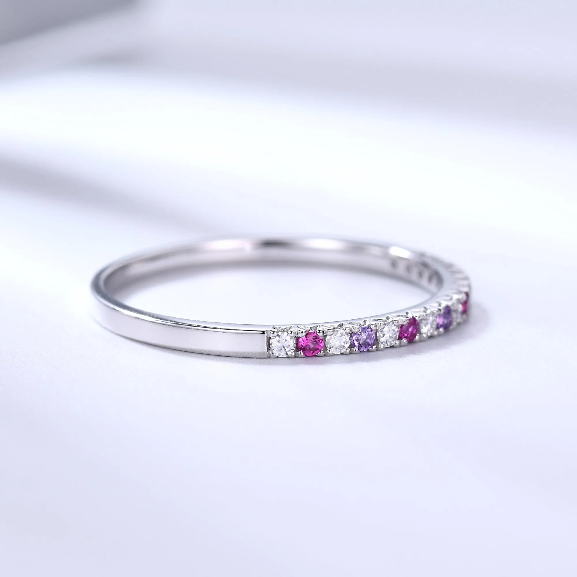 Multi Gemstone Wedding Band Half Eternity Moissanite Amethyst Ruby Stacking Family Ring