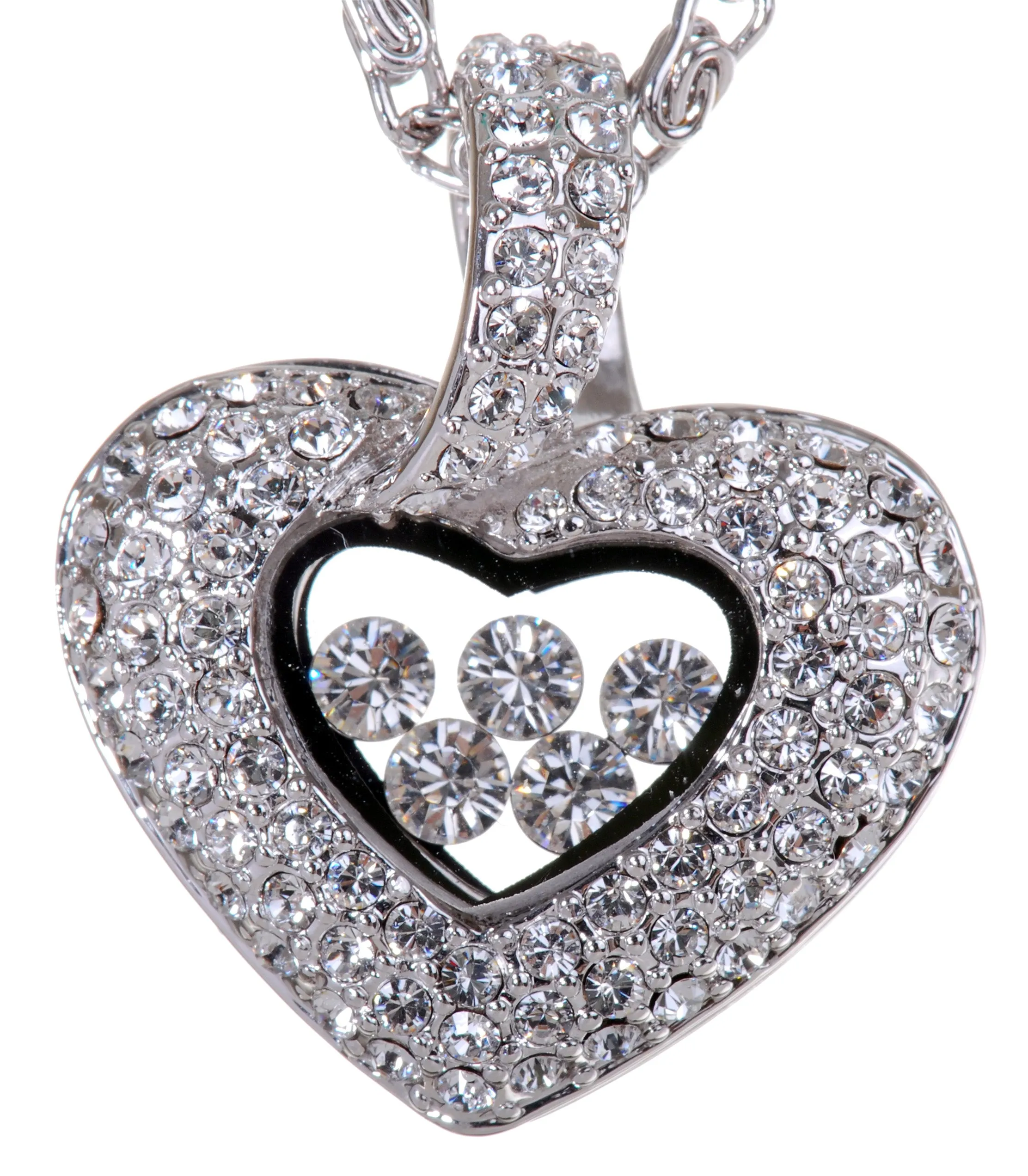 N7104 Rhodium Swarovski Elements Heart Box Necklace Crystal