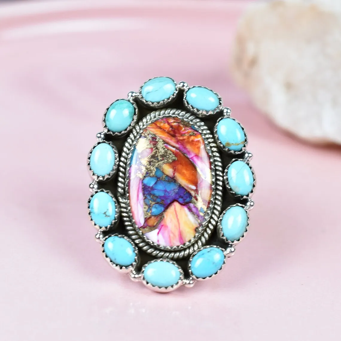 Native American Elongated Copper Turquoise Cluster Rings - 925 Sterling Silver Bohemian Rings