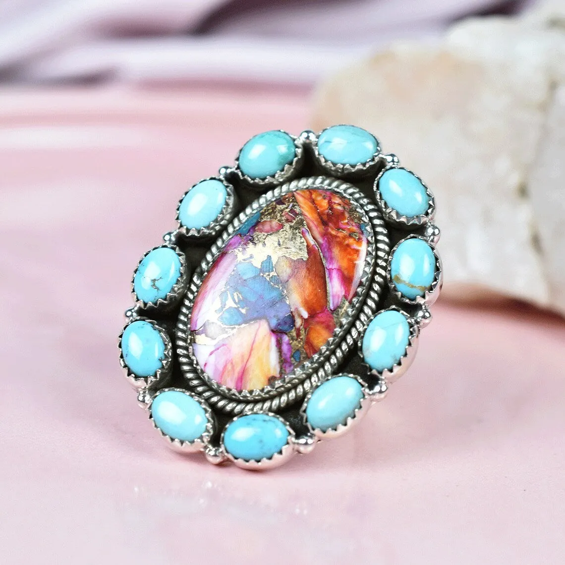 Native American Elongated Copper Turquoise Cluster Rings - 925 Sterling Silver Bohemian Rings