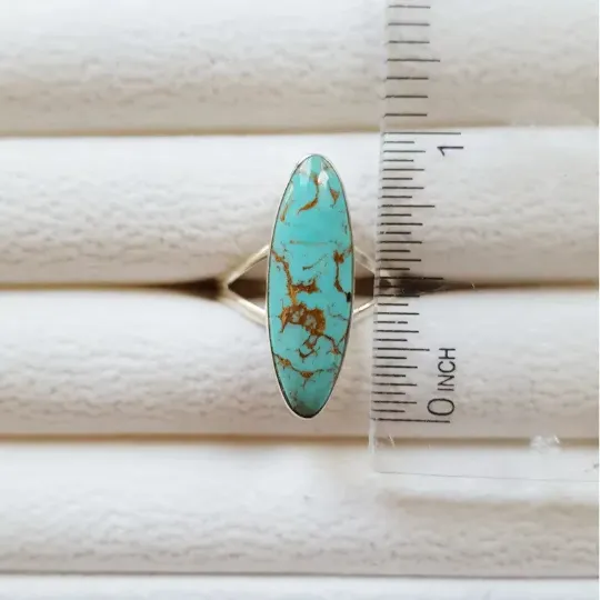 Native American Elongated Oval Cut Turquoise Southwestern Style Rings - 925 Sterling Silver Ring