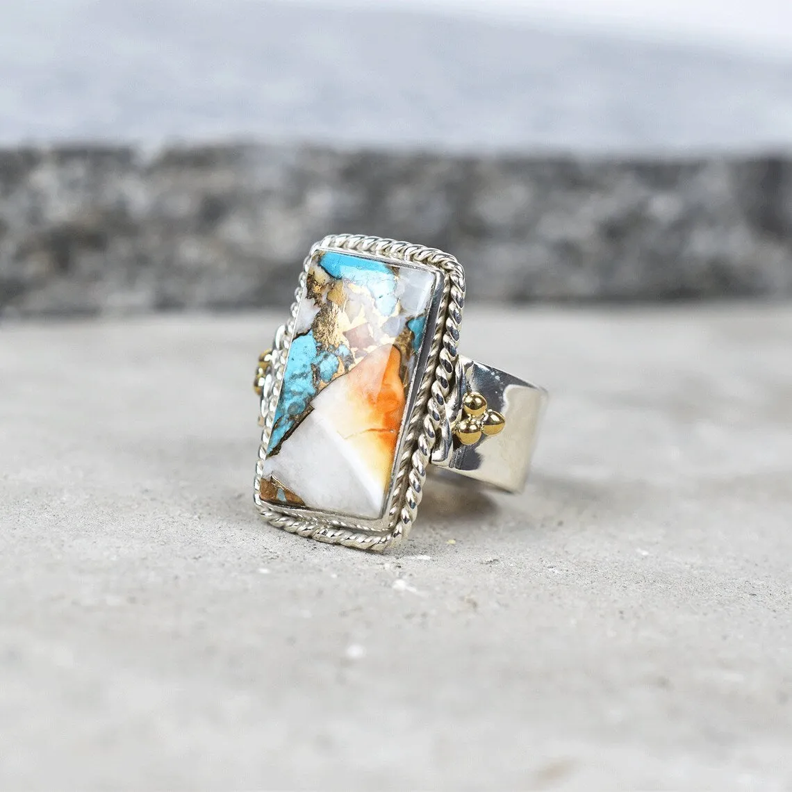 Native American Oyster Turquoise Statement Ring - 925 Sterling Silver Ring