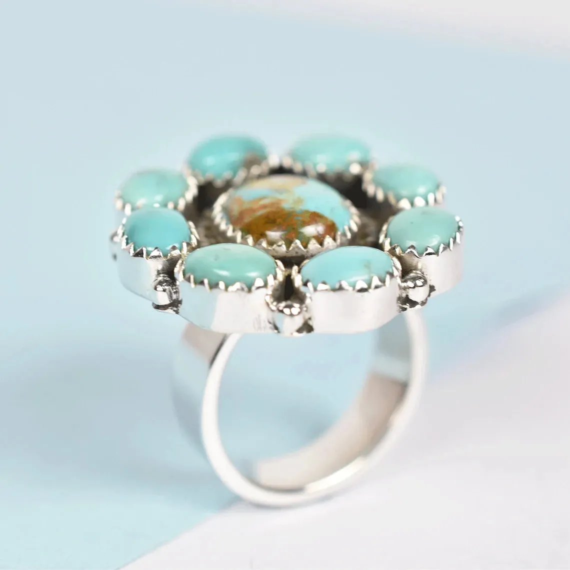 Native American Turquoise Cluster Rings - 925 Sterling Silver Southwestern Rings