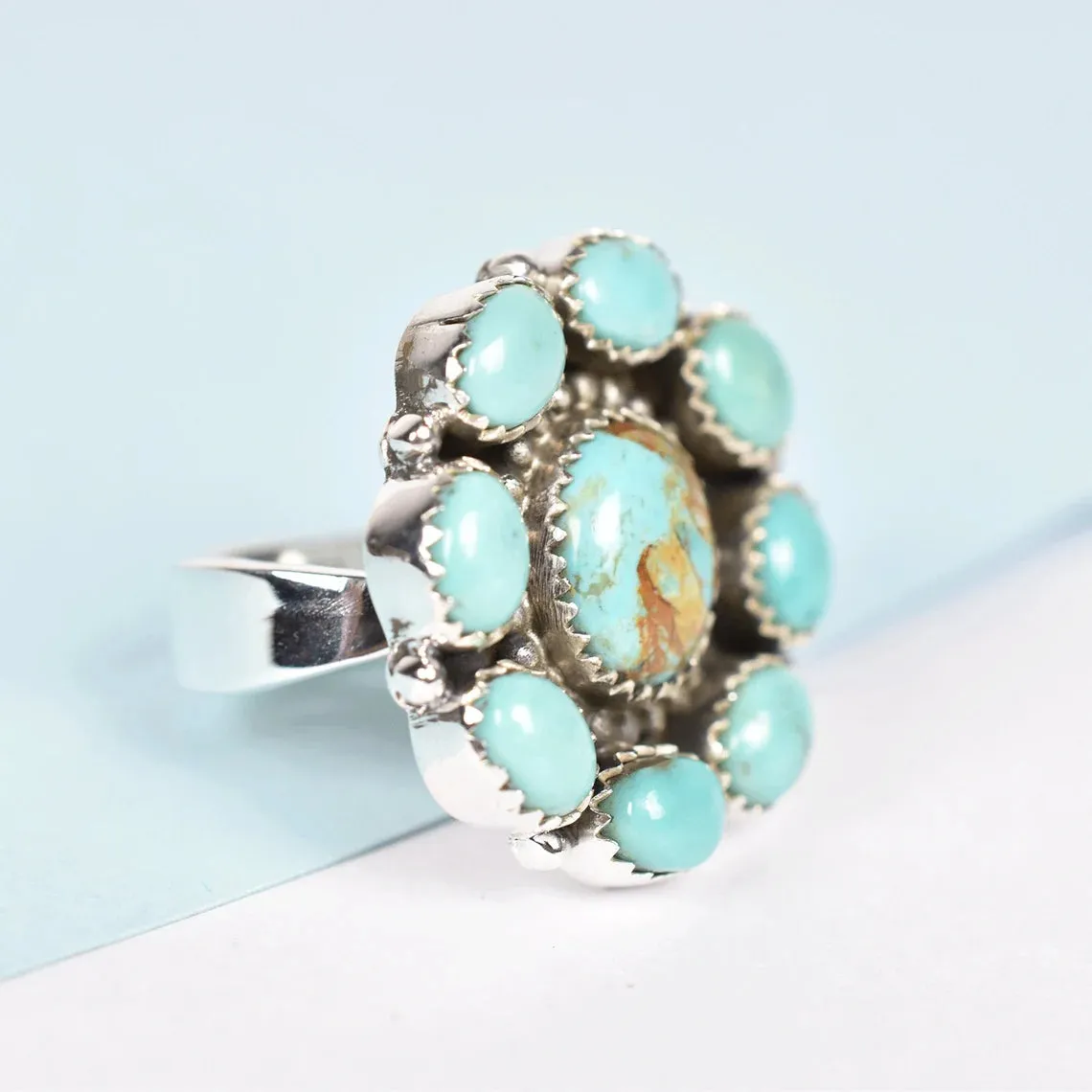 Native American Turquoise Cluster Rings - 925 Sterling Silver Southwestern Rings