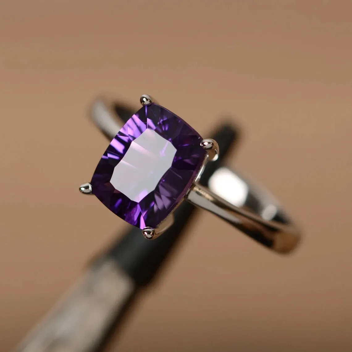 Natural Cushion Cut Amethyst Solitaire Ring - 925 Sterling Silver Ring