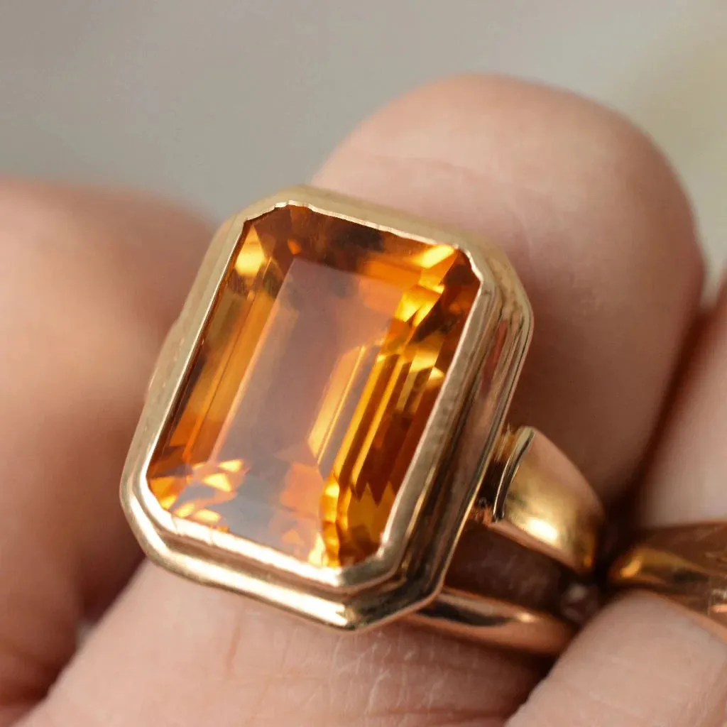 Natural Emerald Cut Citrine Bezel Set  Cocktail Rings - 14k Gold Vermeil Rings