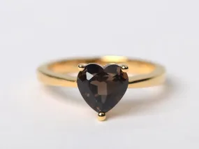 Natural Heart Cut Smoky Quartz Solitaire Ring - 14k Gold Vermeil Rings