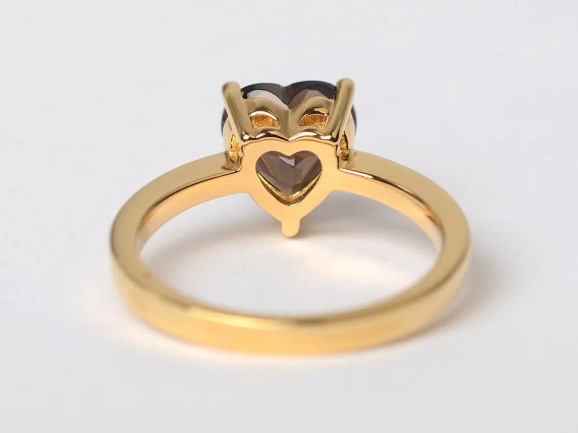 Natural Heart Cut Smoky Quartz Solitaire Ring - 14k Gold Vermeil Rings