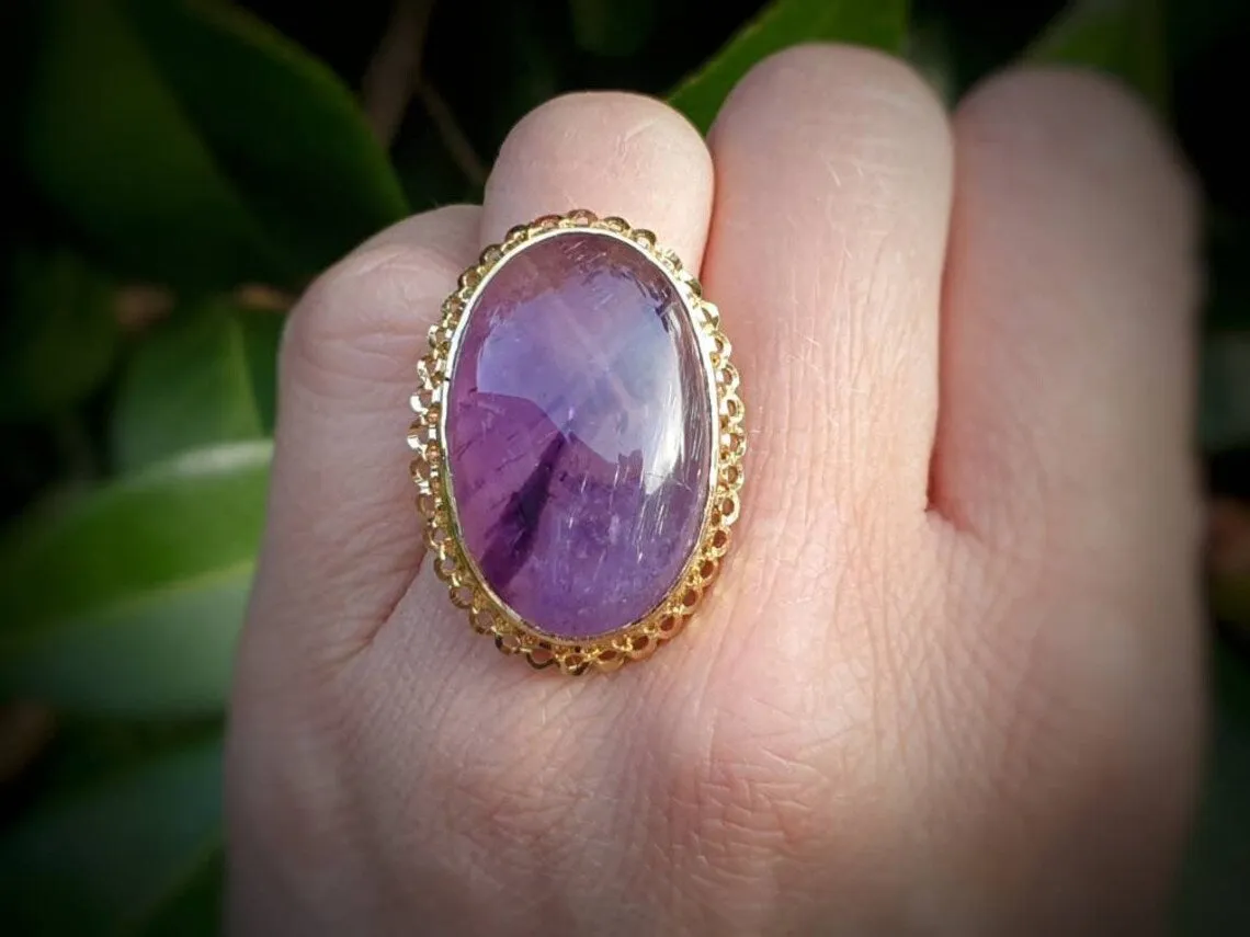 Natural Large Oval Cut Amethyst Cocktail Vintage Rings - 14k Gold Vermeil Rings