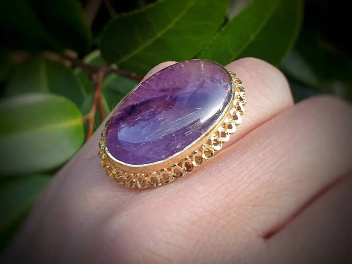 Natural Large Oval Cut Amethyst Cocktail Vintage Rings - 14k Gold Vermeil Rings