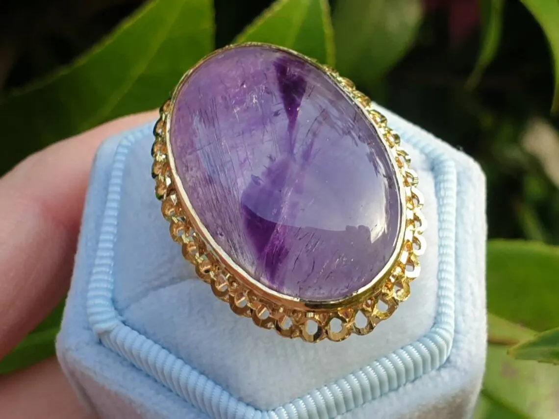 Natural Large Oval Cut Amethyst Cocktail Vintage Rings - 14k Gold Vermeil Rings