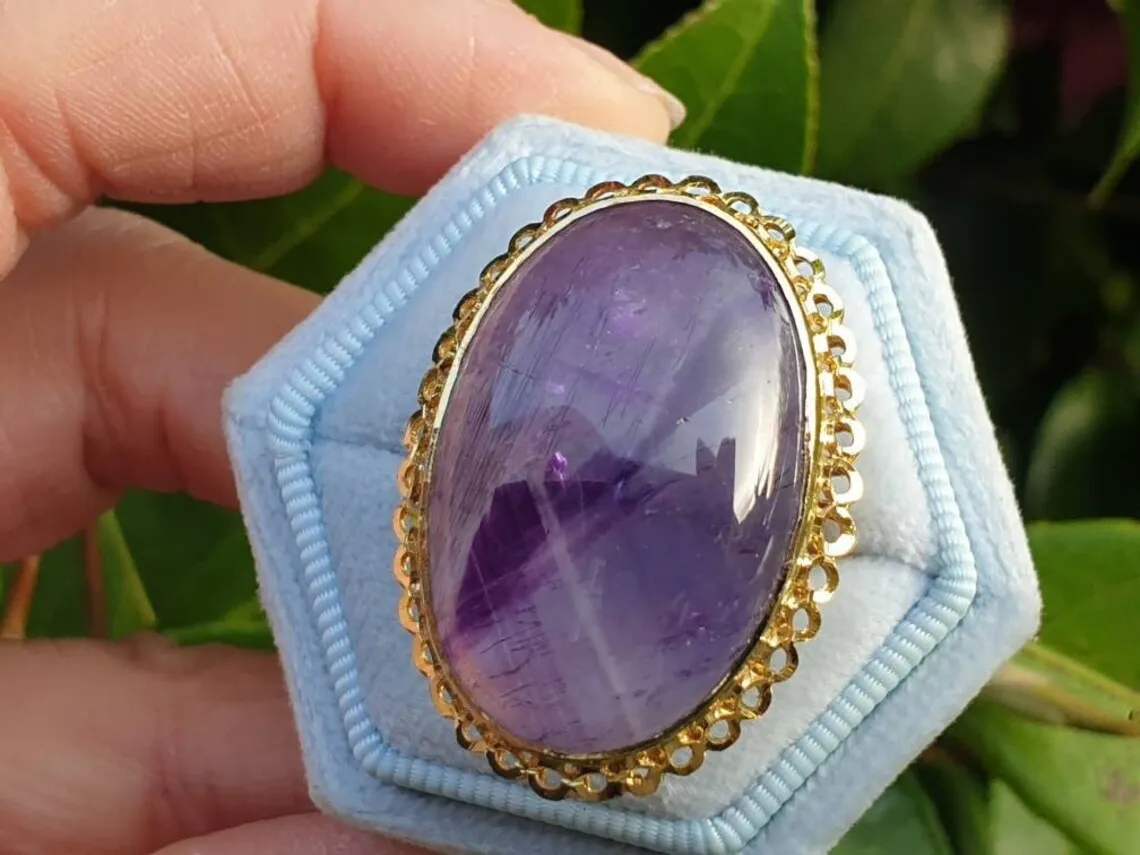 Natural Large Oval Cut Amethyst Cocktail Vintage Rings - 14k Gold Vermeil Rings