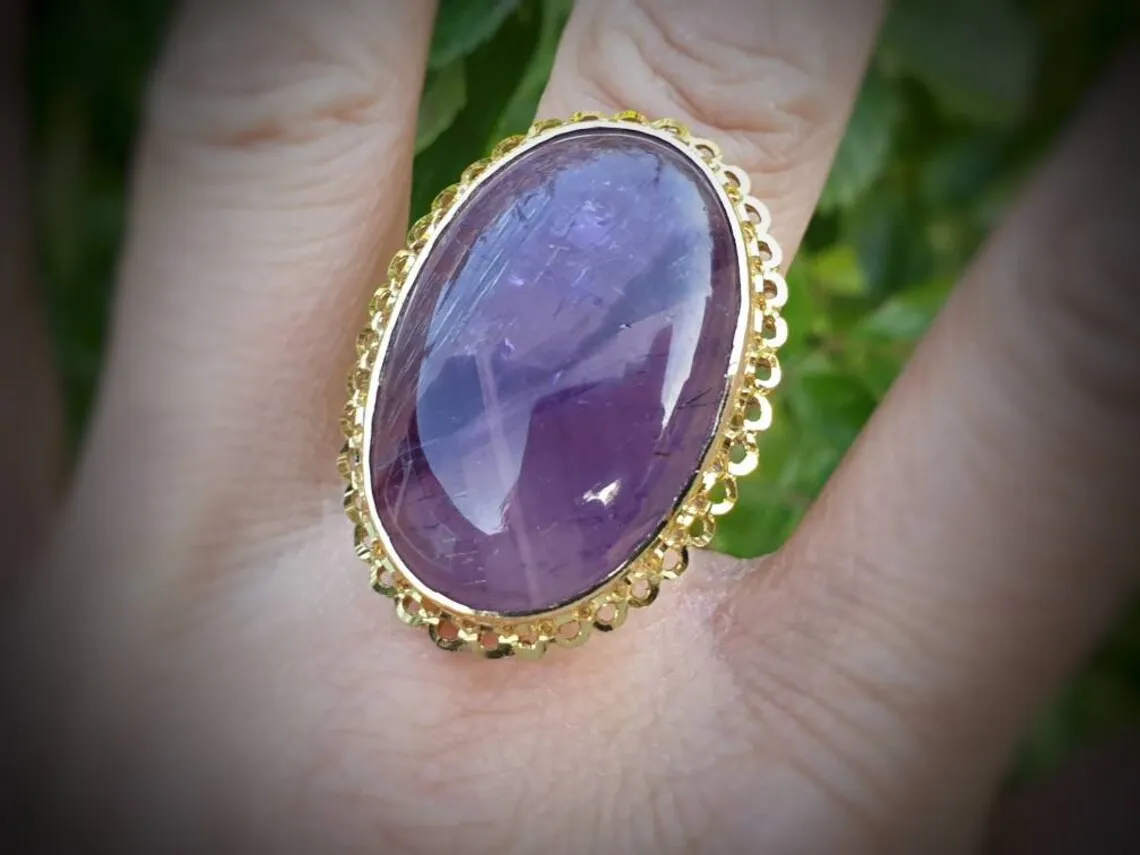 Natural Large Oval Cut Amethyst Cocktail Vintage Rings - 14k Gold Vermeil Rings