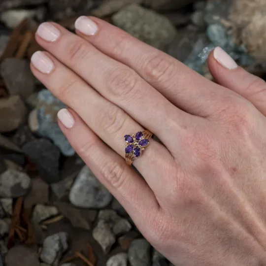 Natural Oval Cut Amethyst Floral Cluster Vintage Ring - 14k Gold Vermeil Rings For Women