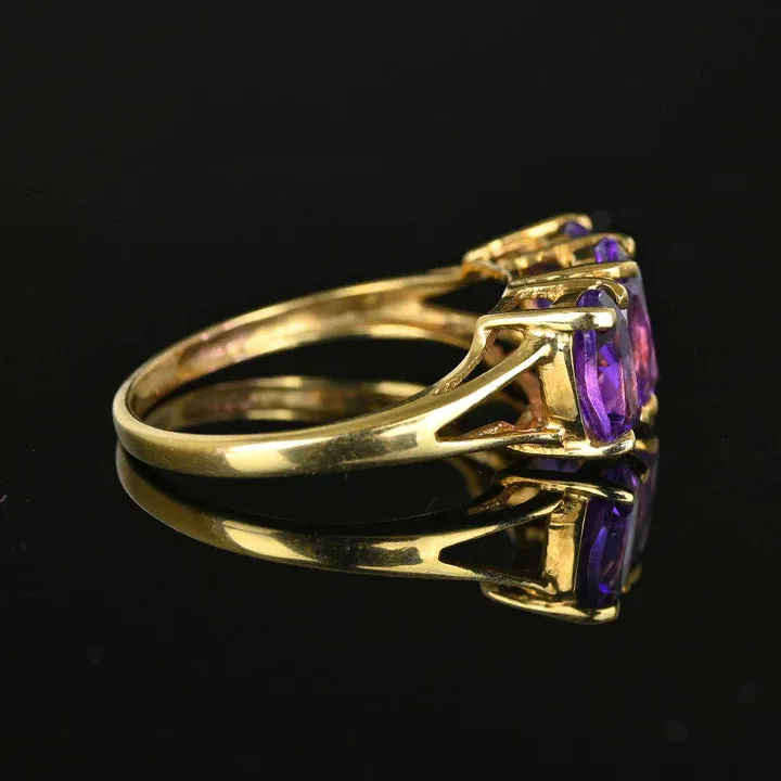 Natural Oval Cut Three Stone Amethyst Half Eternity Vintage Rings - 14k Gold Vermeil Ring