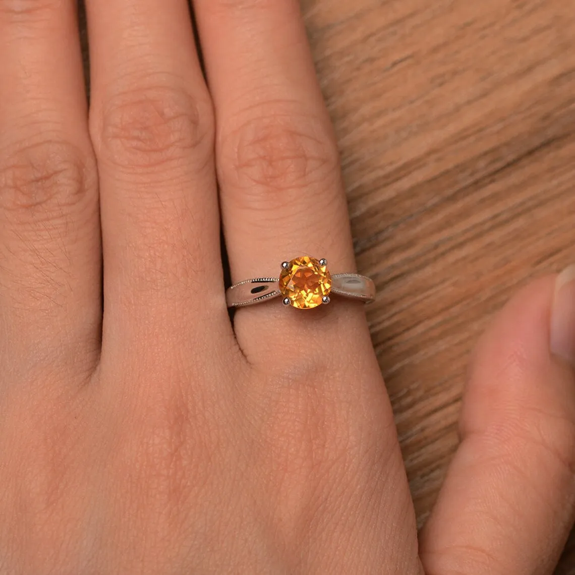 Natural Round Cut Citrine Prong Set Solitaire Promise Ring - 925 Sterling Silver Ring