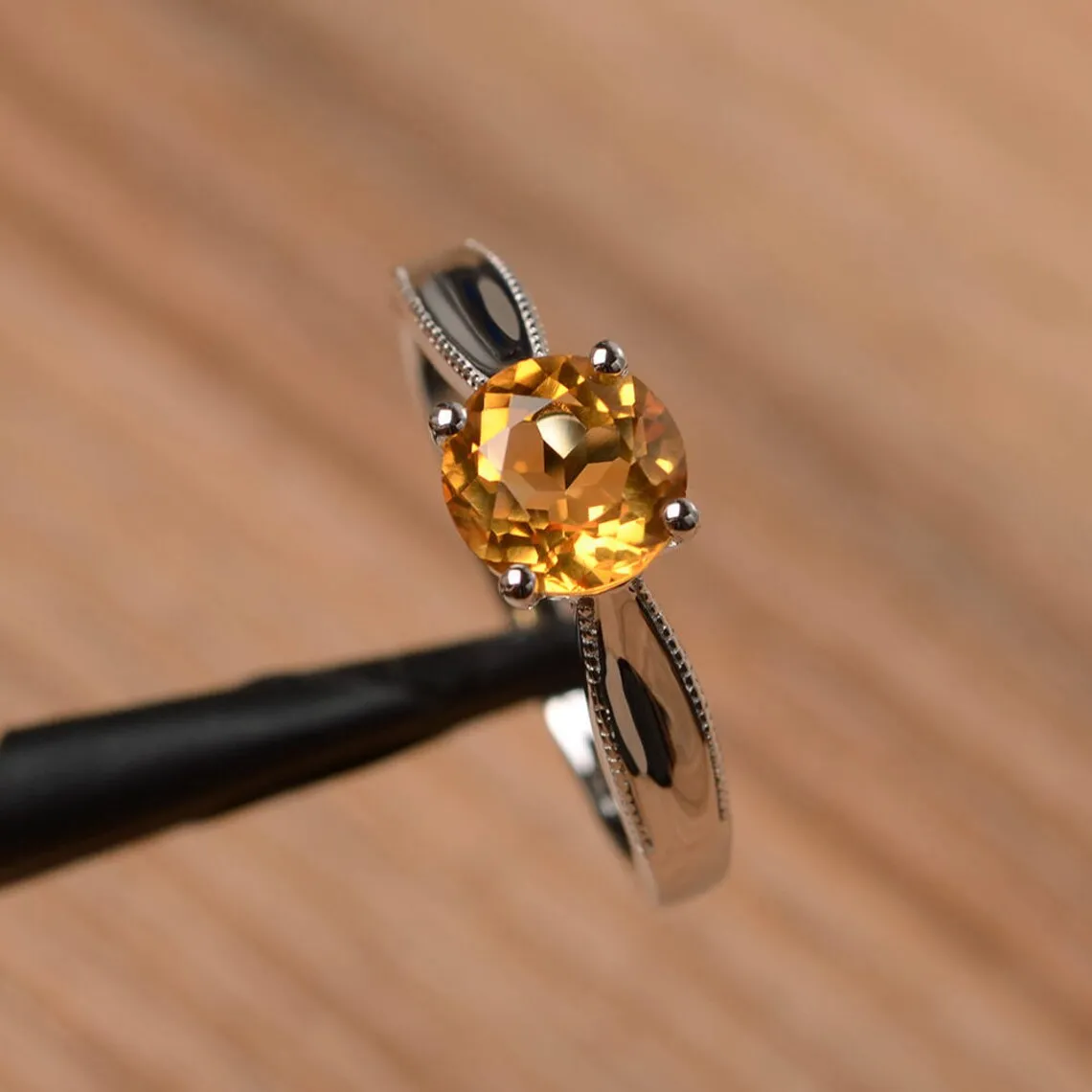 Natural Round Cut Citrine Prong Set Solitaire Promise Ring - 925 Sterling Silver Ring