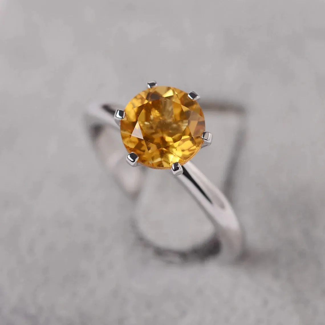 Natural Round Cut Citrine Solitaire Ring - 925 Sterling Silver Ring