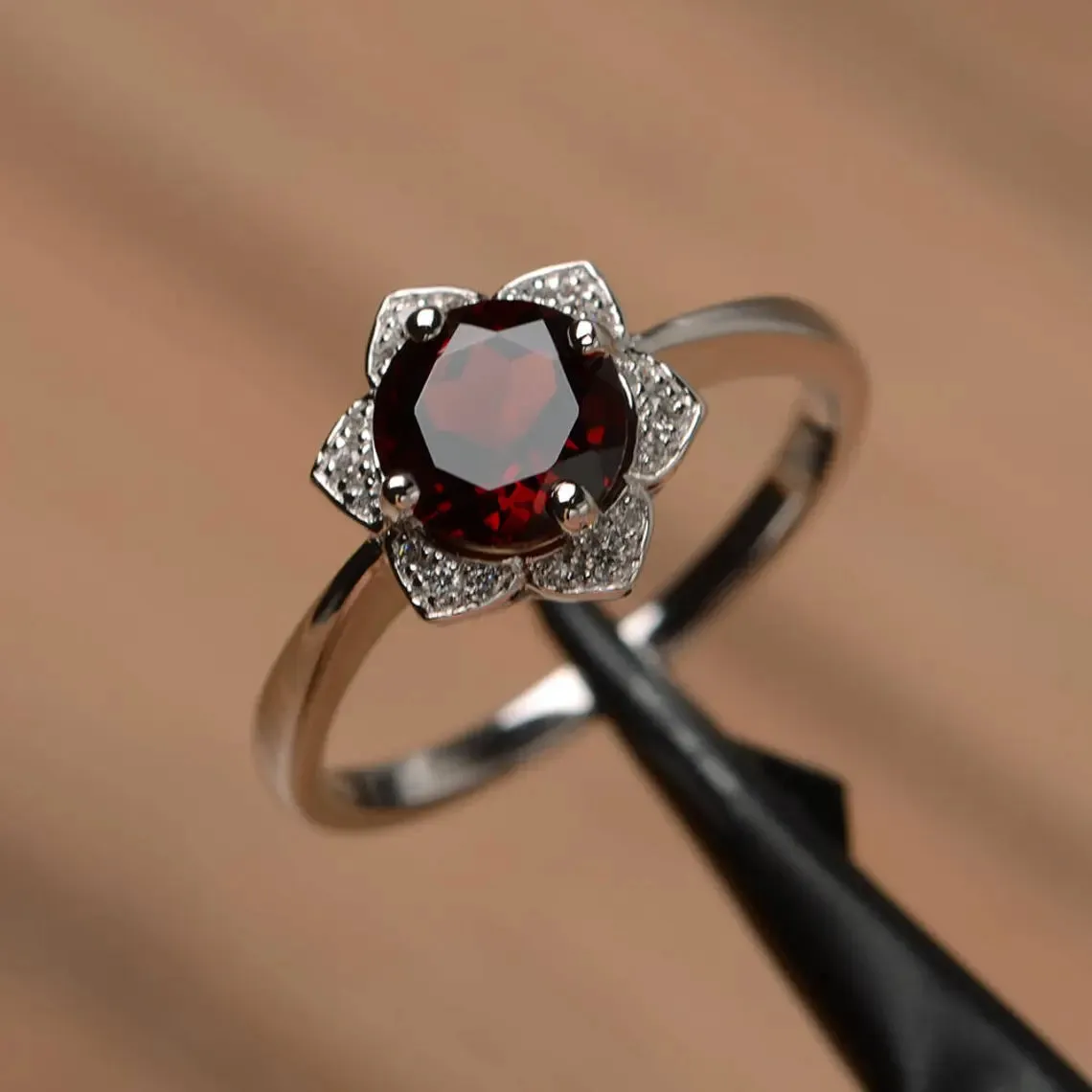 Natural Round Cut Garnet Lotus Halo Engagement Ring For Women - 925 Sterling Silver Rings