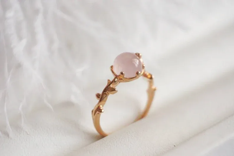 Natural Round Cut Rose Quartz Solitaire Ring - 14k Rose Gold Vermeil  Ring