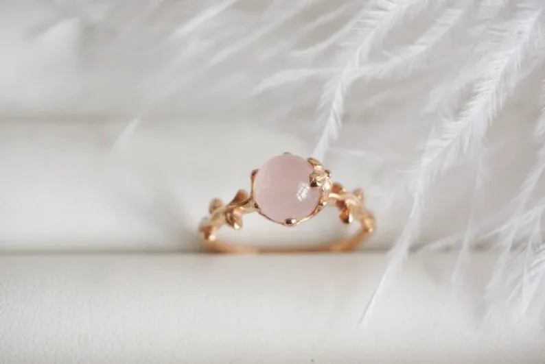 Natural Round Cut Rose Quartz Solitaire Ring - 14k Rose Gold Vermeil  Ring