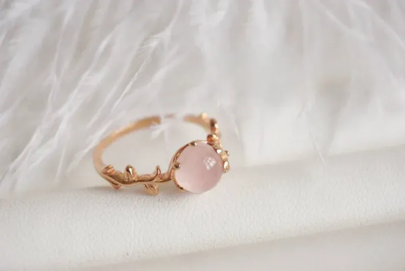 Natural Round Cut Rose Quartz Solitaire Ring - 14k Rose Gold Vermeil  Ring