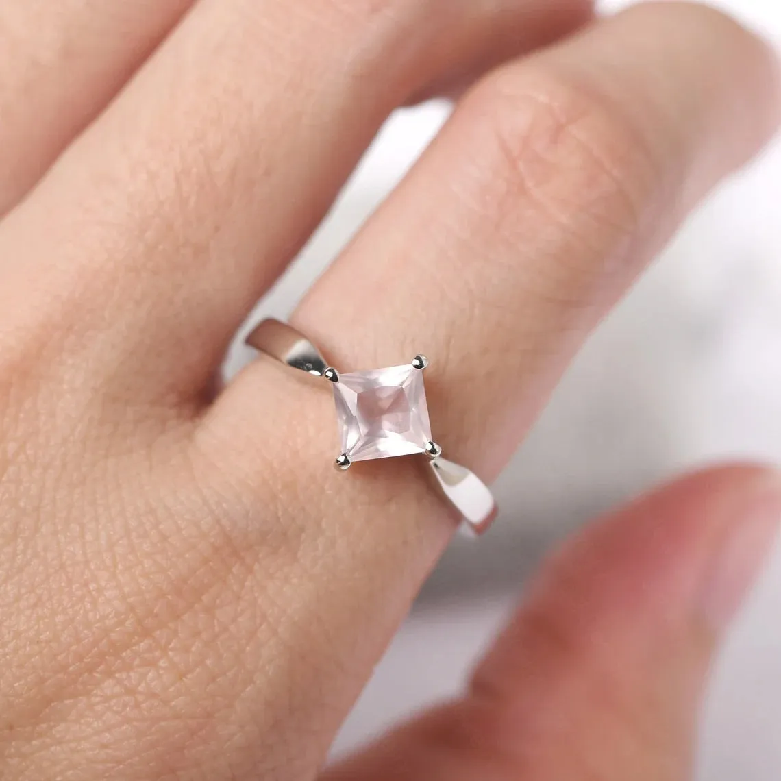 Natural Square Cut Rose Quartz Promise Ring - 925 Sterling Silver Ring