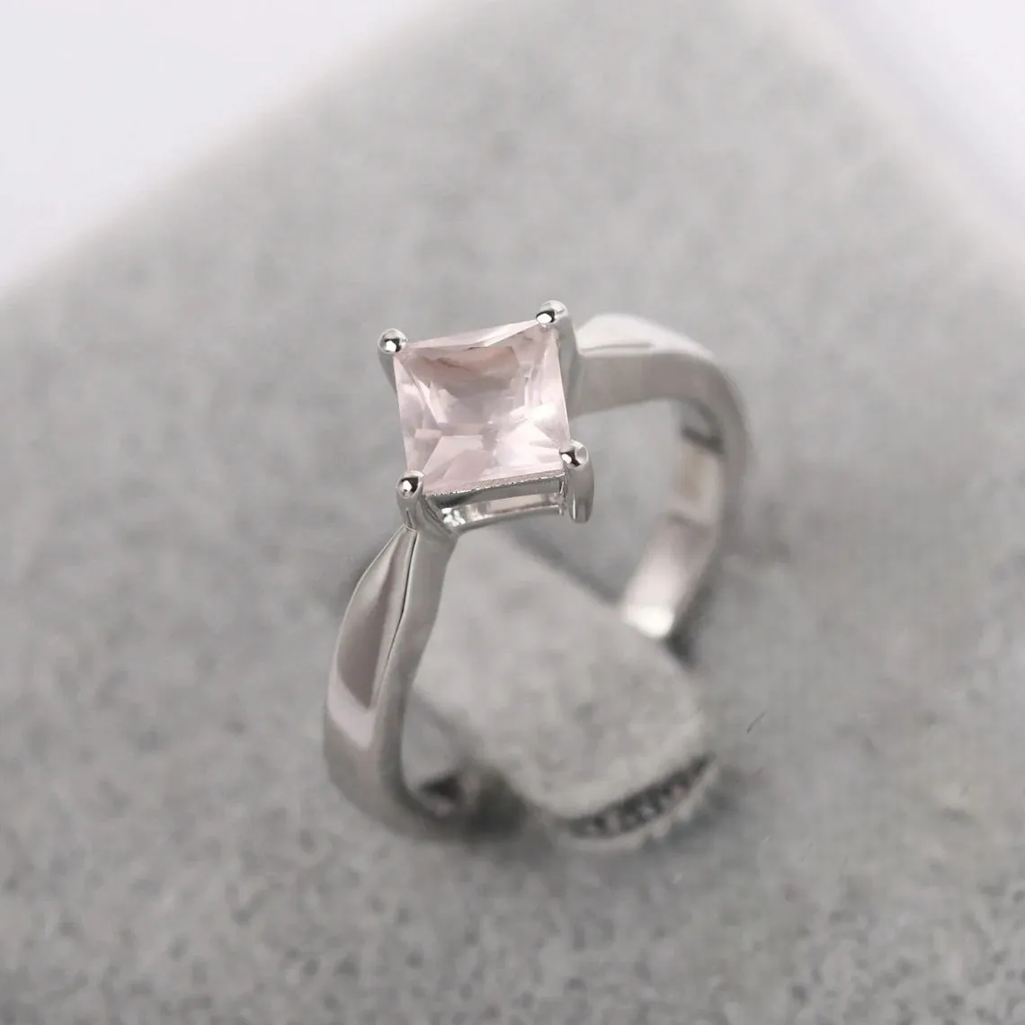 Natural Square Cut Rose Quartz Promise Ring - 925 Sterling Silver Ring