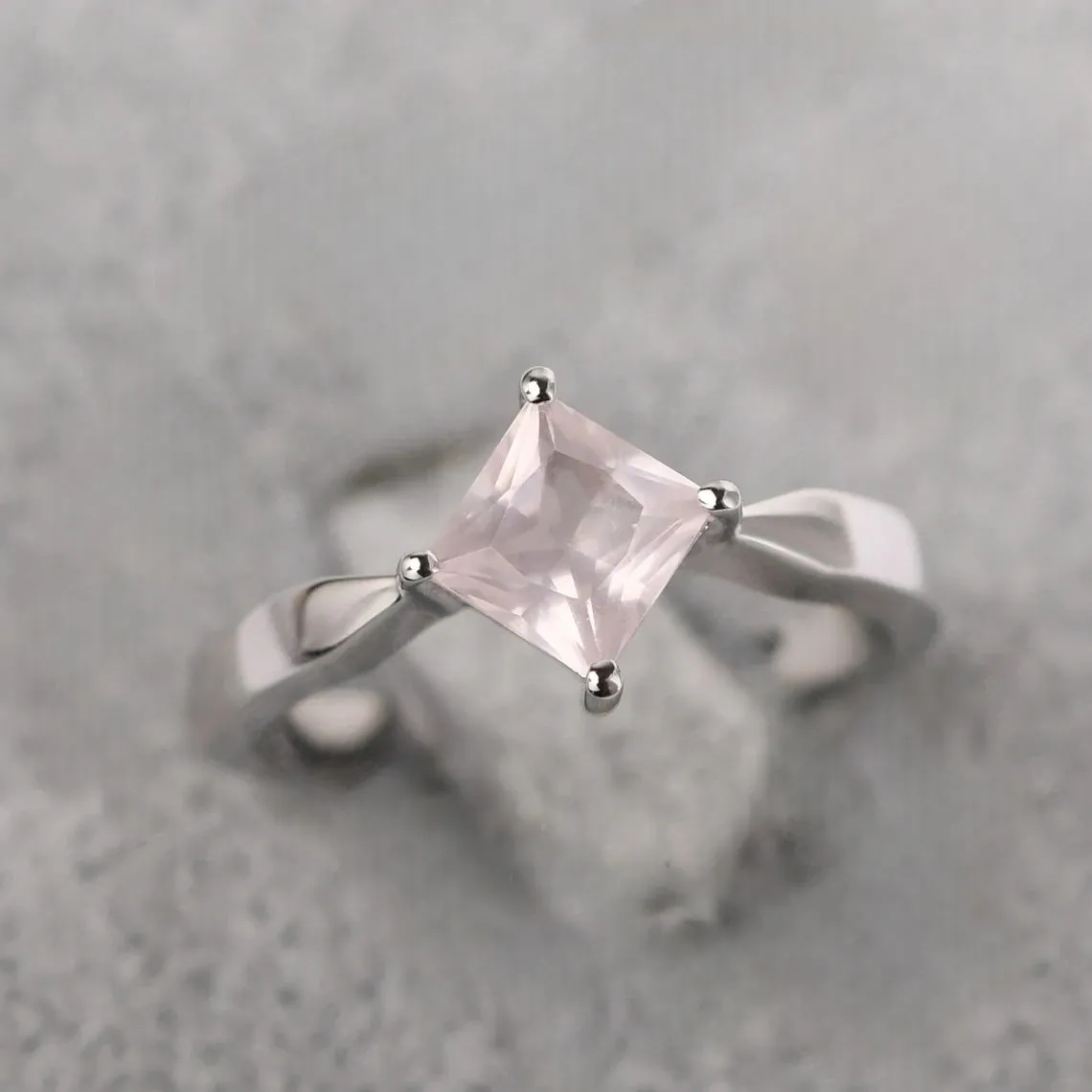 Natural Square Cut Rose Quartz Promise Ring - 925 Sterling Silver Ring