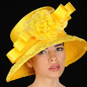 OE8009 Yellow satin church hat with rhinestones and flower