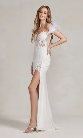 Off-the-Shoulder Long White Feather Formal Dress