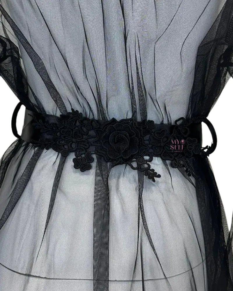 Oh La La Cheri Black Tulle Short Robe and Satin Sash