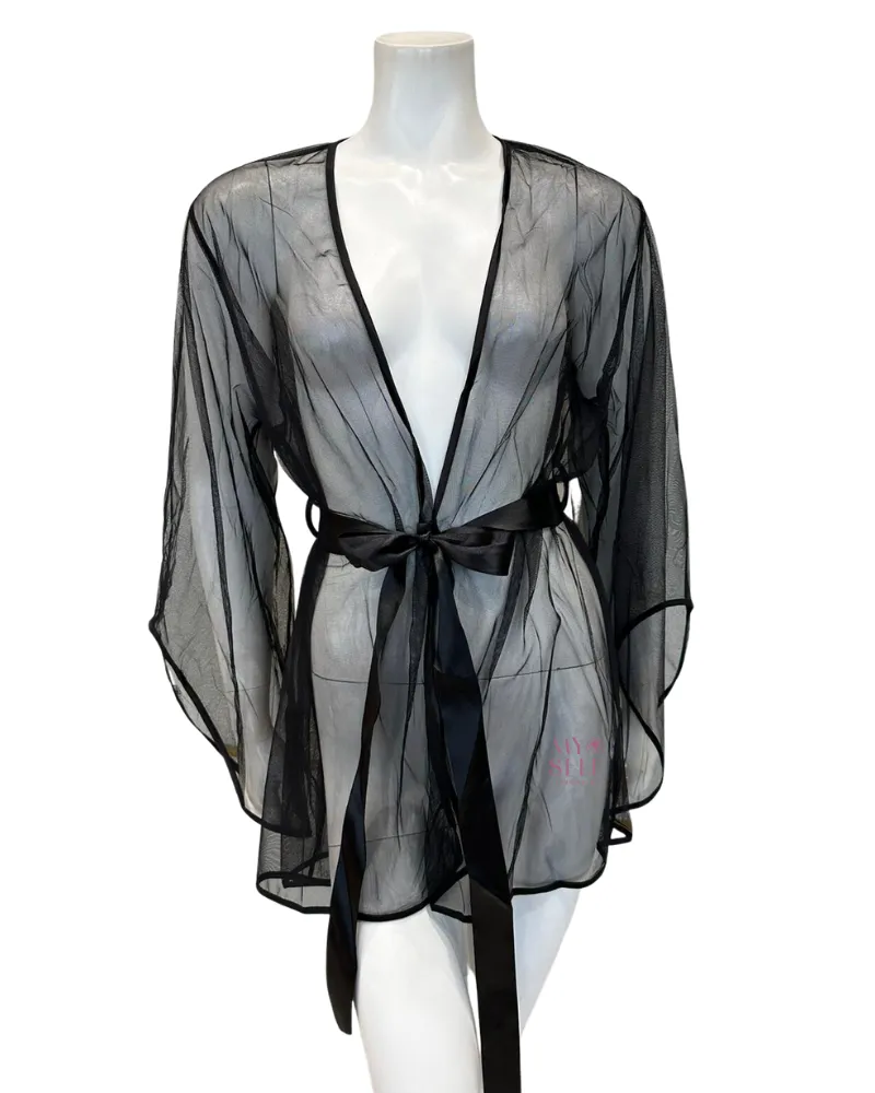 Oh La La Cheri Black Tulle Short Robe and Satin Sash