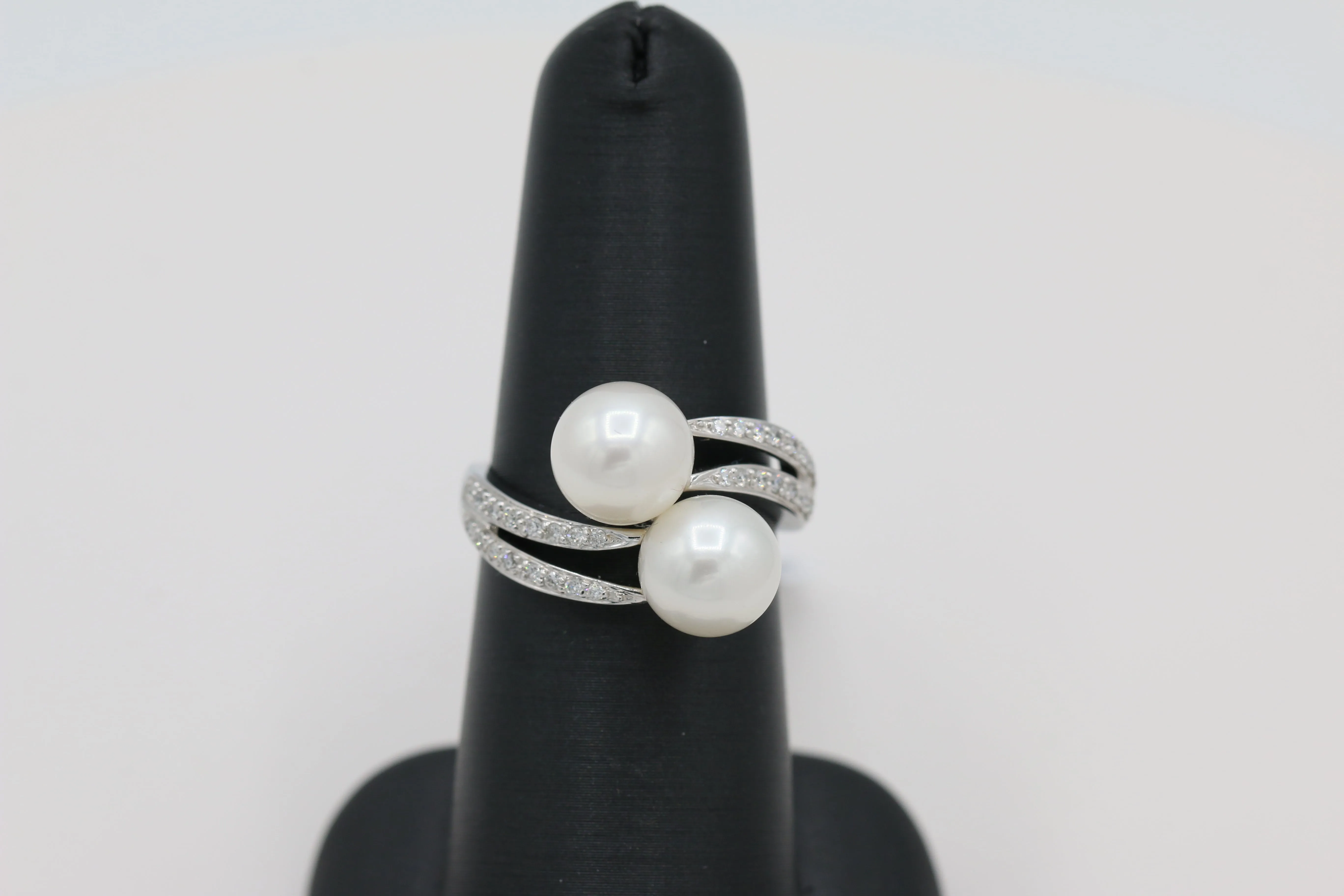 Pearl and Diamond Bypass Ring in 14KT White Gold