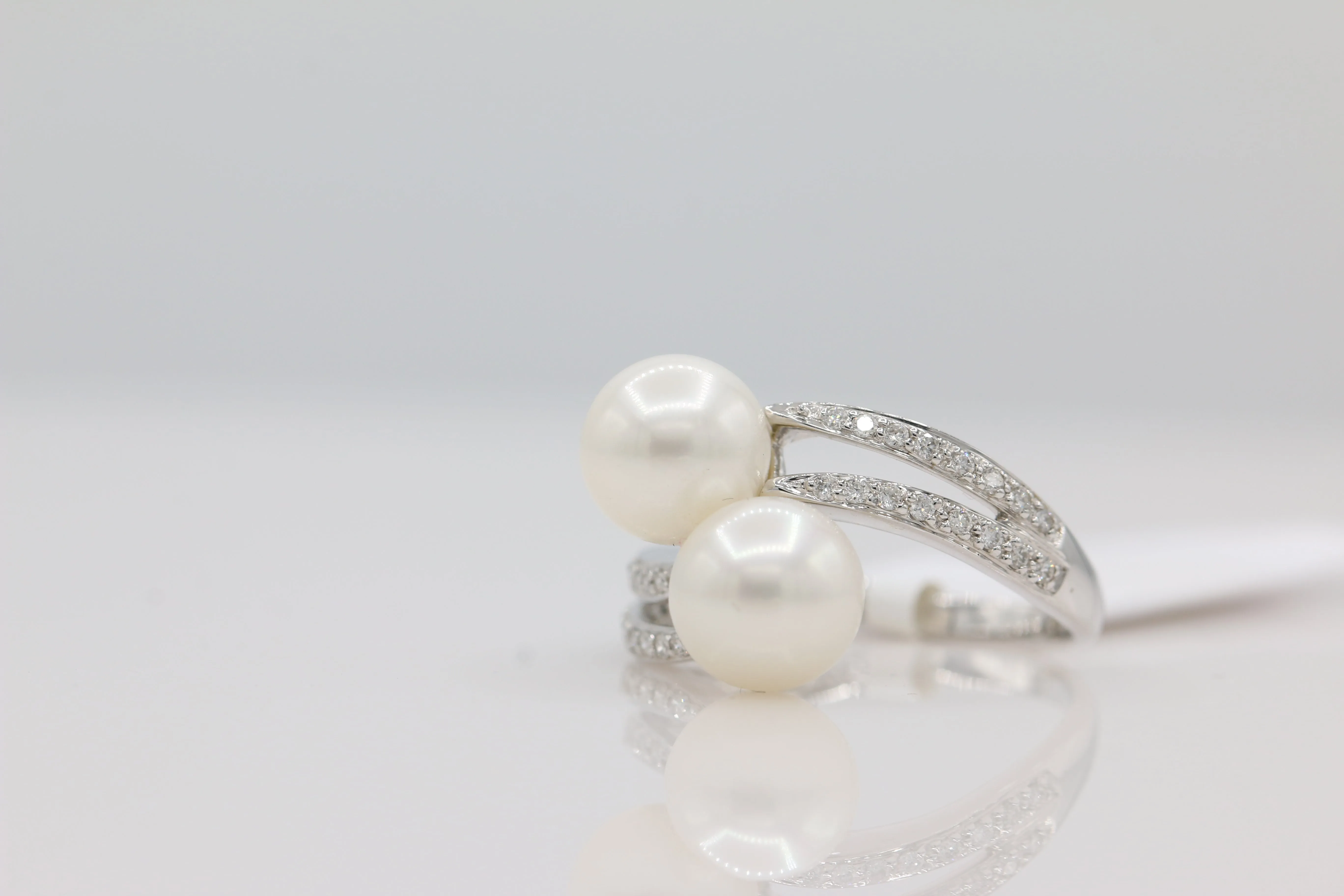 Pearl and Diamond Bypass Ring in 14KT White Gold