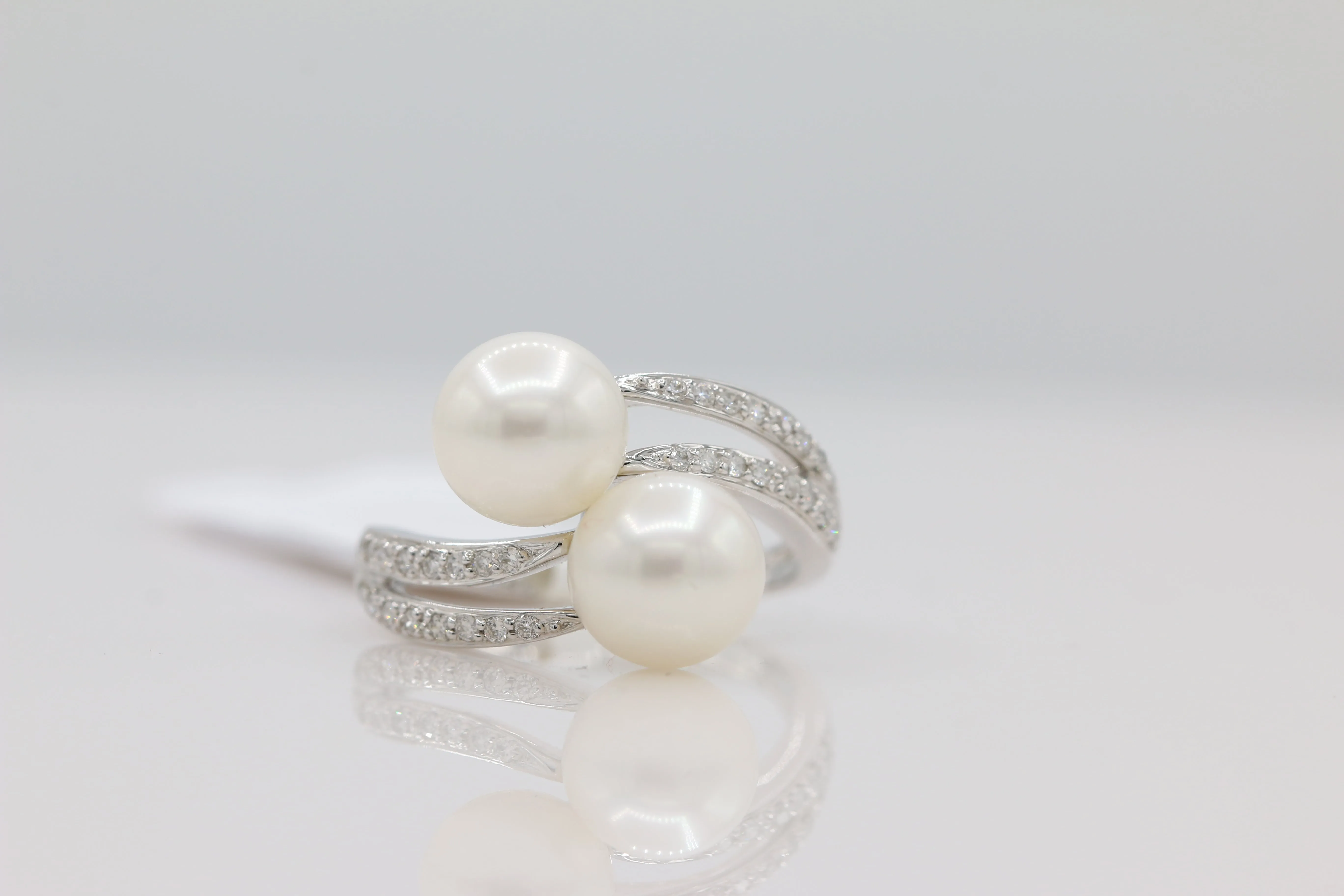 Pearl and Diamond Bypass Ring in 14KT White Gold