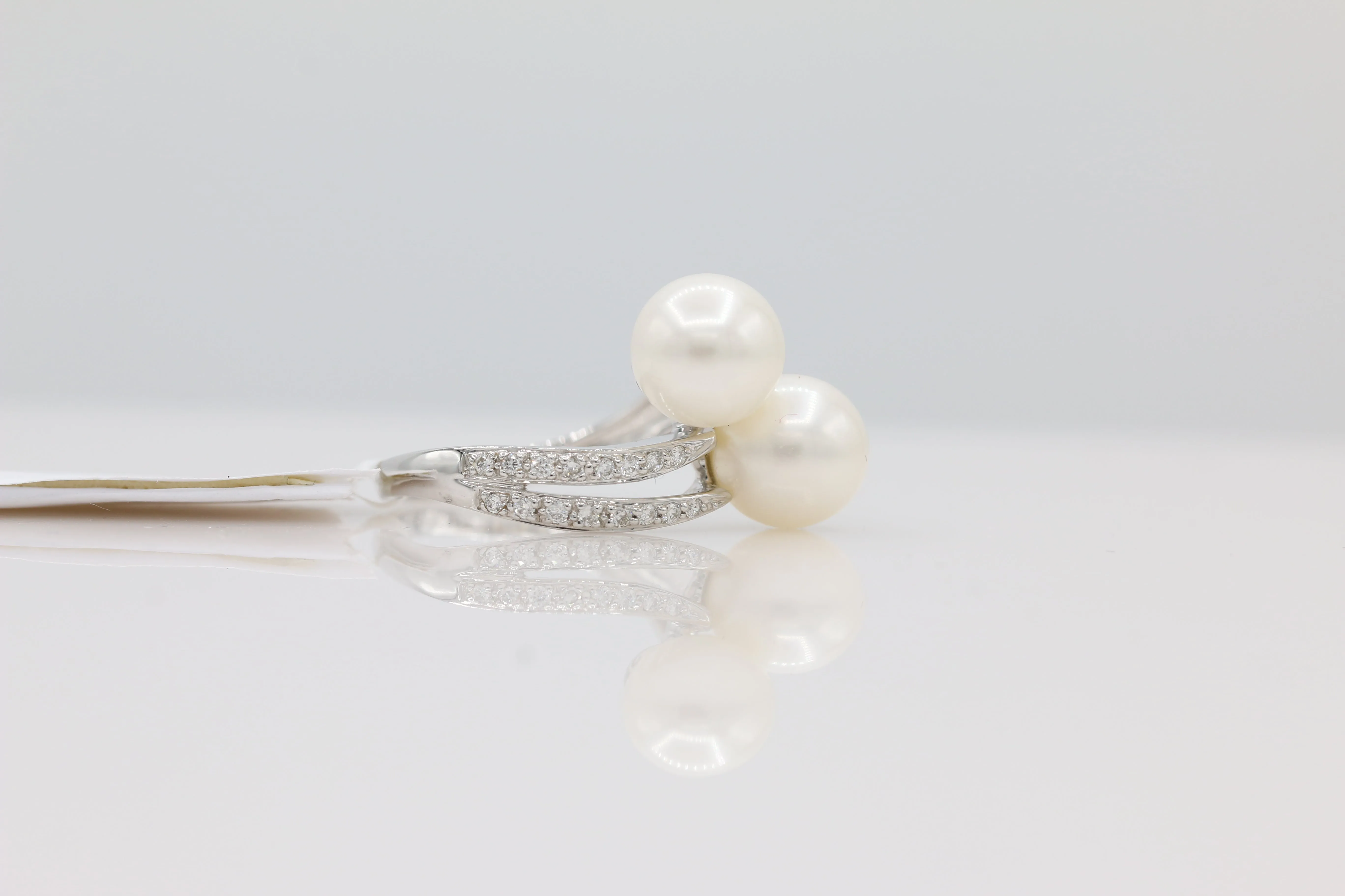 Pearl and Diamond Bypass Ring in 14KT White Gold