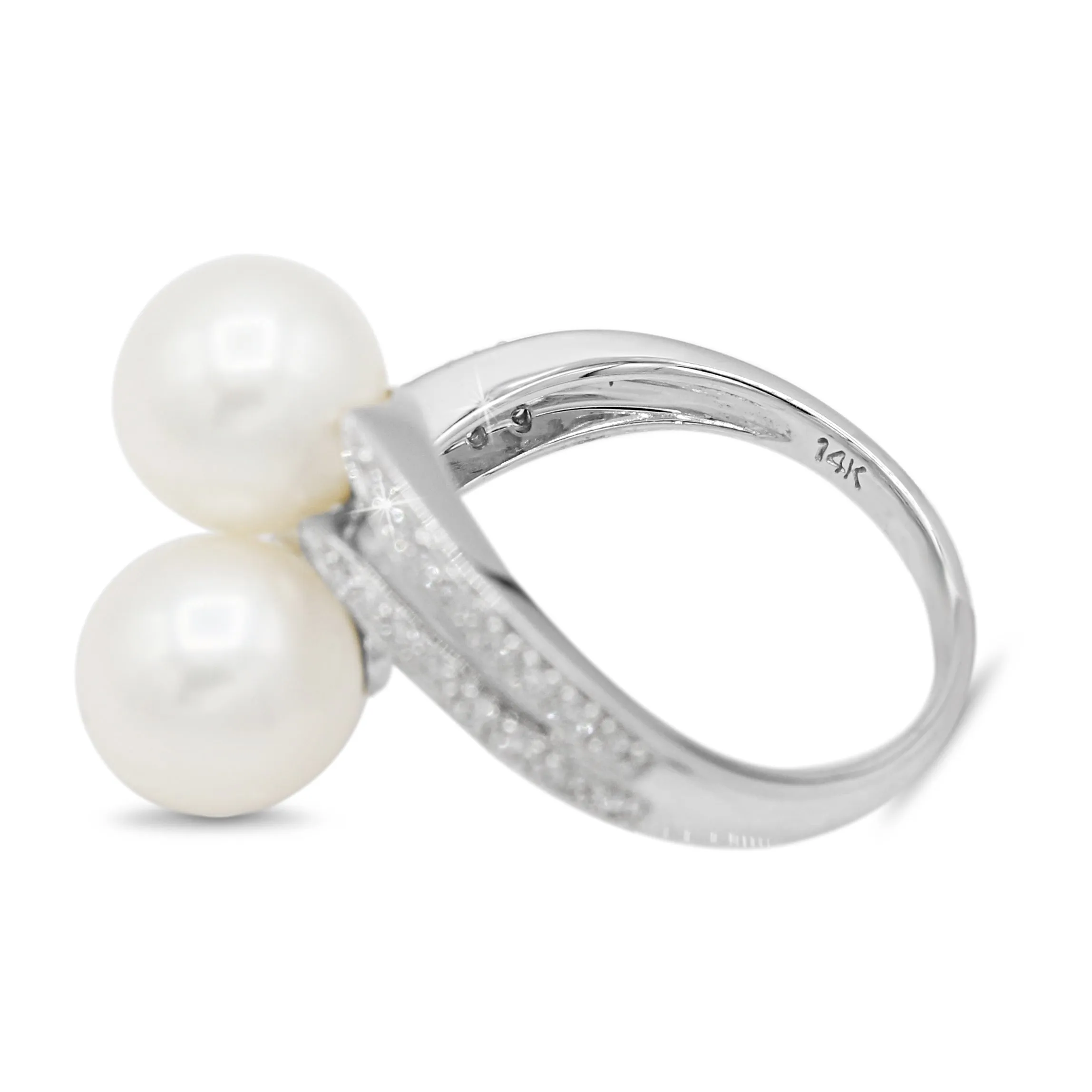 Pearl and Diamond Bypass Ring in 14KT White Gold