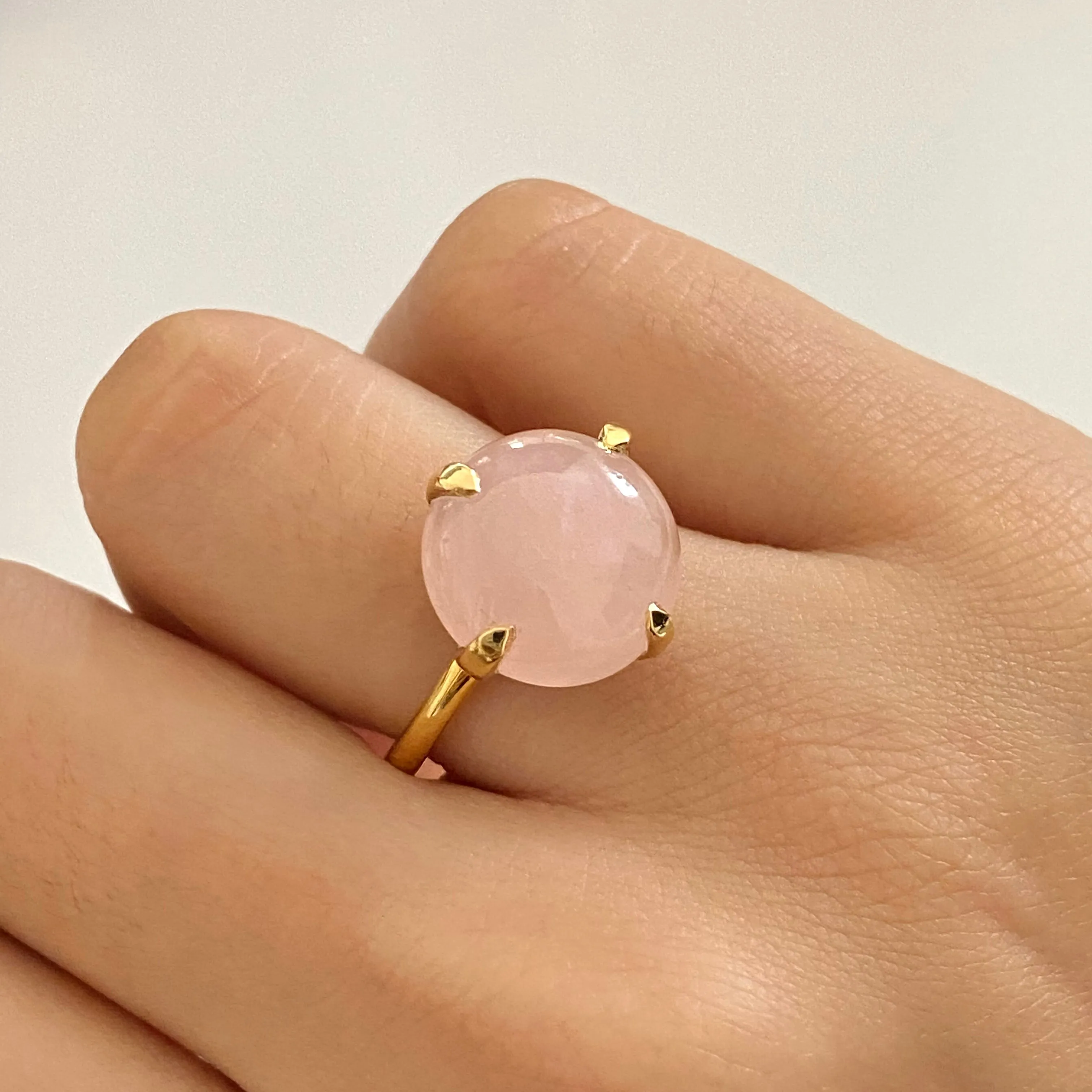 Round Cabochon Rose Quartz Ring in Gold Plated Sterling Silver