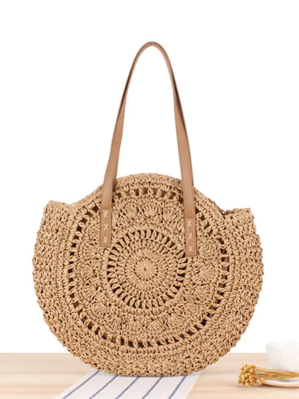 Round shoulder straw woven bag woven bag beach bag fashion women's bag straw woven bag